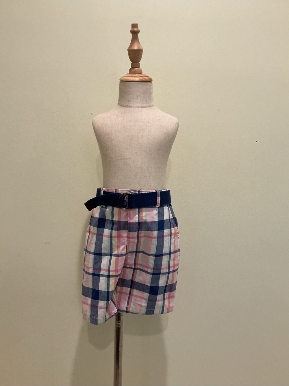 Girls Plaid Shorts with Navy Belt - Pink & Blue